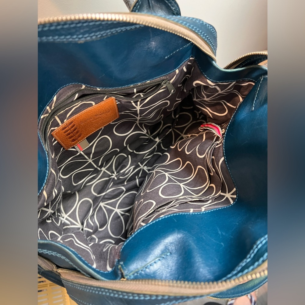 Orla Kiely large blue leather satchel purse tote red embroidery flower - Picture 11 of 14